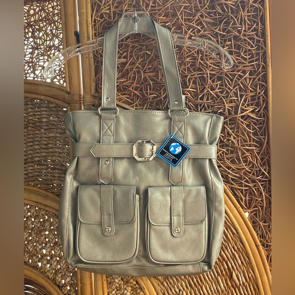 NWT Metallic Bronze Silver Bag Tote Snap Pockets Blue Lined Pockets Inside
